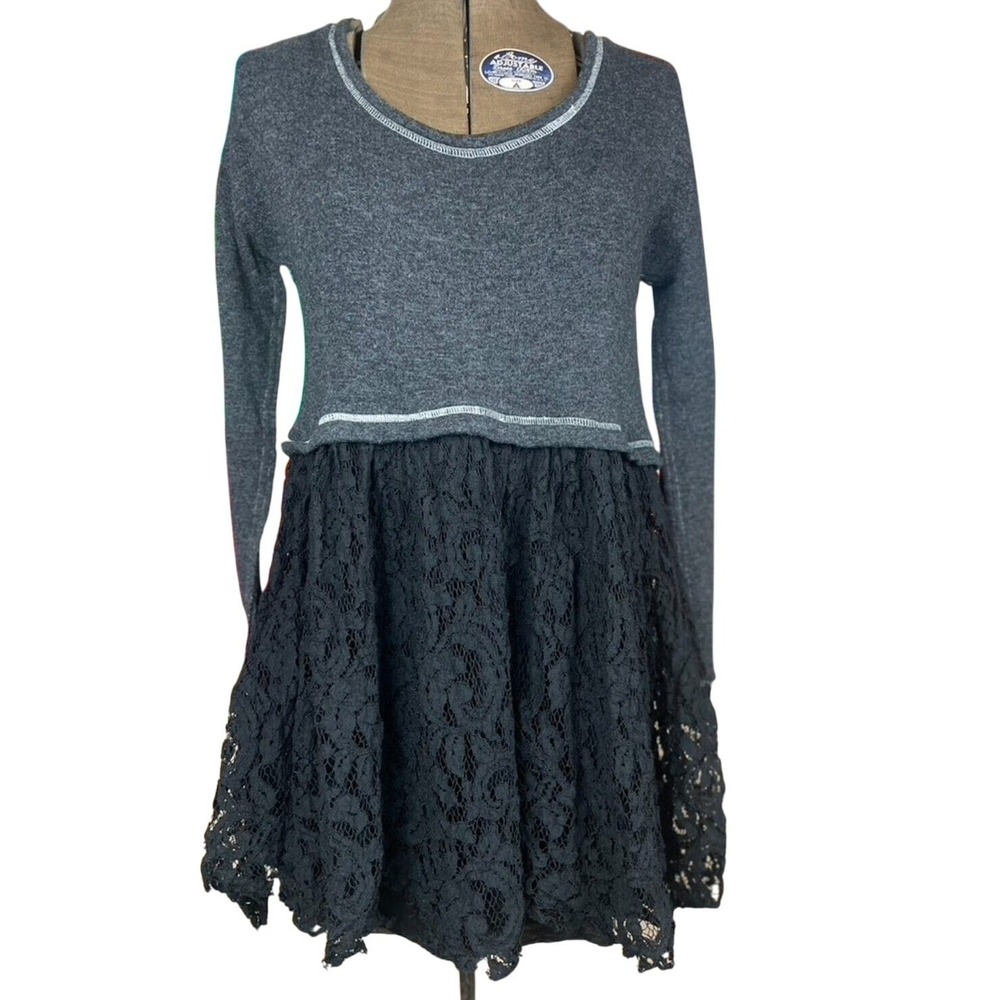 KIMCHI Womens Babydoll Dress Tunic (S) Gray Knit Lace Coquette Whimsigoth 90s